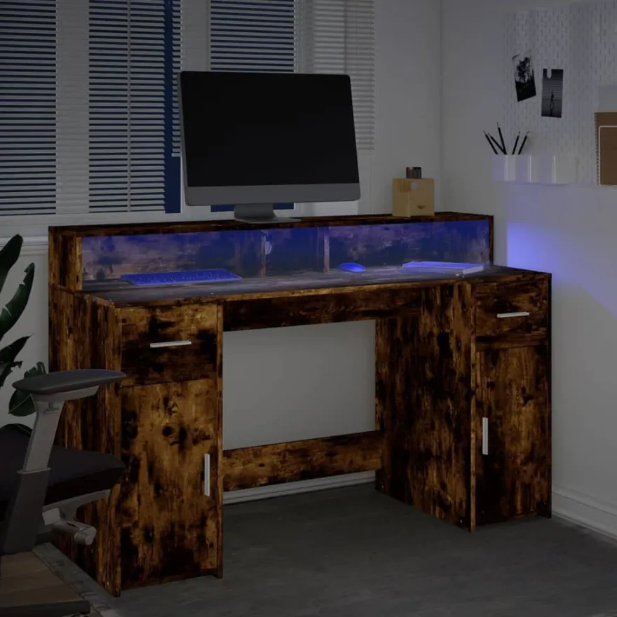 vidaXL LED-Schreibtisch Räuchereiche 140x55x91 cm Holzwerkstoff