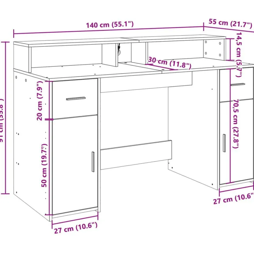 vidaXL LED-Schreibtisch Räuchereiche 140x55x91 cm Holzwerkstoff