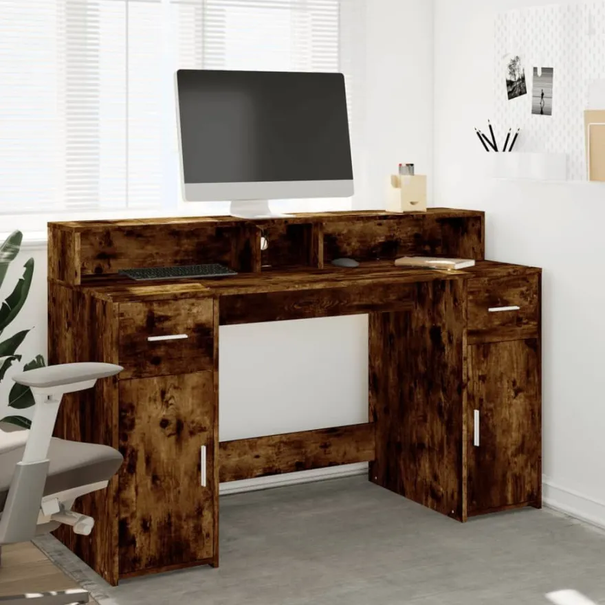 vidaXL LED-Schreibtisch Räuchereiche 140x55x91 cm Holzwerkstoff