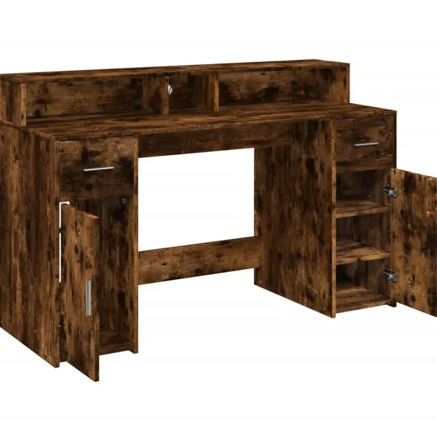 vidaXL LED-Schreibtisch Räuchereiche 140x55x91 cm Holzwerkstoff