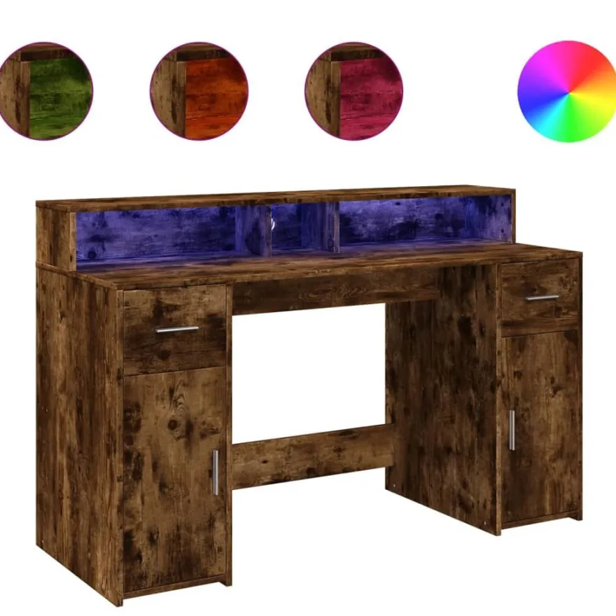 vidaXL LED-Schreibtisch Räuchereiche 140x55x91 cm Holzwerkstoff