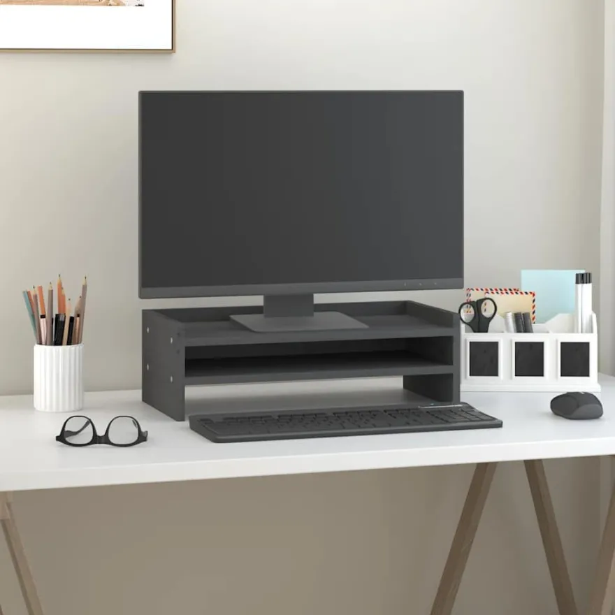 vidaXL Monitorständer Grau 50x24x16 cm Massivholz Kiefer