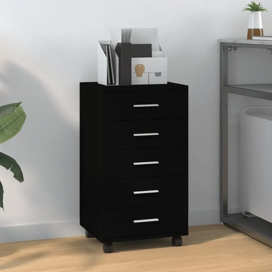 vidaXL Schubladenschrank mit Rollen Schwarz Holzwerkstoff