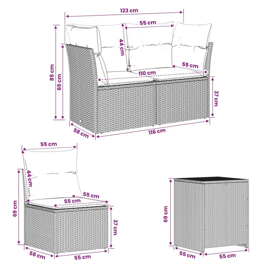 vidaXL Sofa Set 7 pcs Grau und Marineblau Polyrattan und Stahl