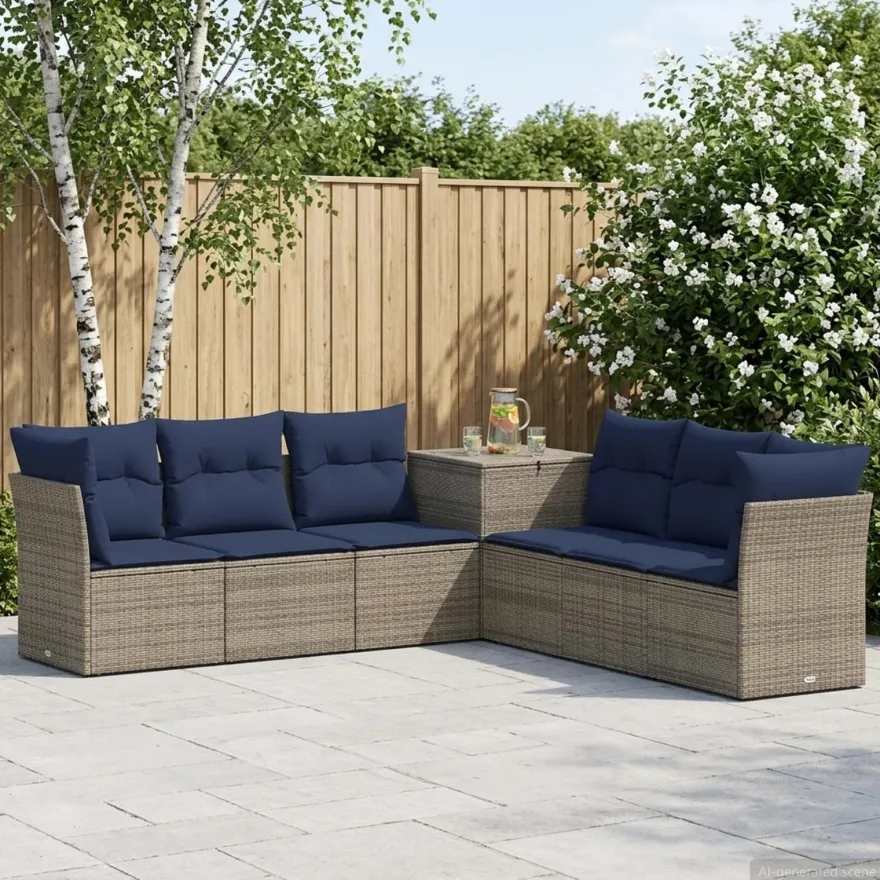 vidaXL Sofa Set 7 pcs Grau und Marineblau Polyrattan und Stahl