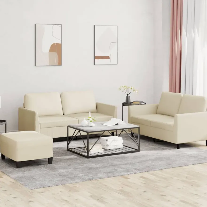 vidaXL 3-tlg. Sofagarnitur mit Kissen Creme Kunstleder