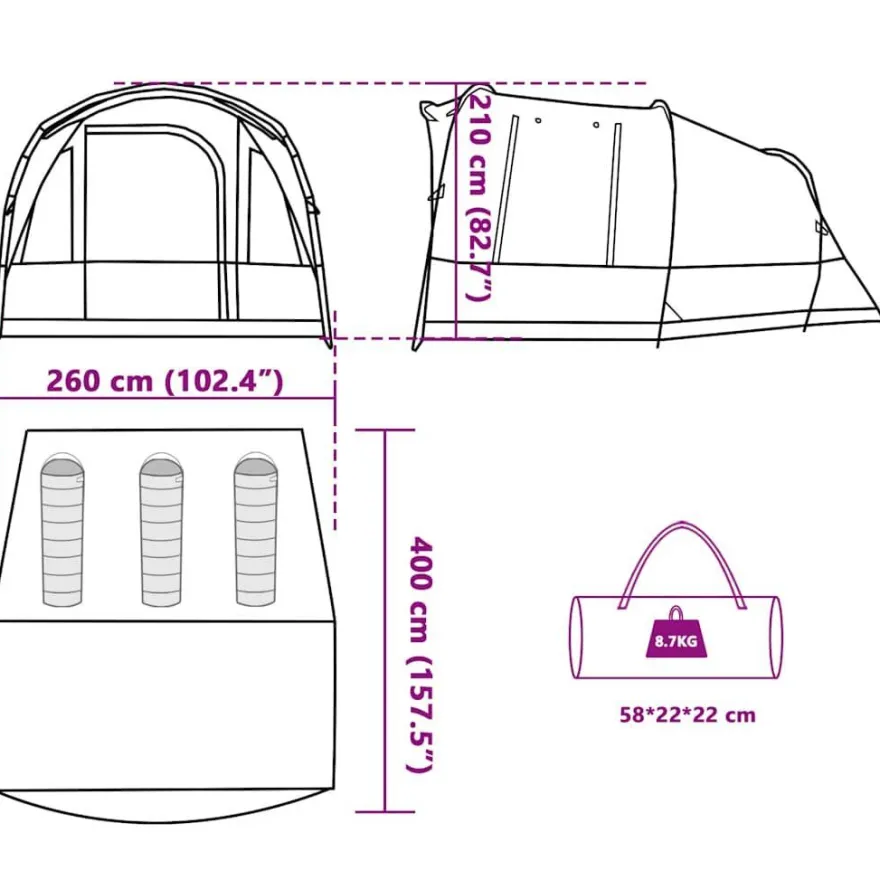 vidaXL Tunnelzelt 3 Personen Grün Wasserdicht