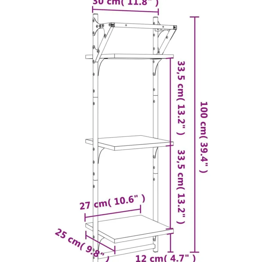 vidaXL Wandregale mit 3 Ablagen & Stangen 2 Stk. Schwarz 30x25x100 cm