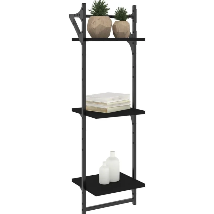 vidaXL Wandregale mit 3 Ablagen & Stangen 2 Stk. Schwarz 30x25x100 cm