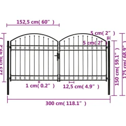 vidaXL Zauntor Doppelflügel Gewölbte Spitze Stahl 300 x 125 cm Schwarz