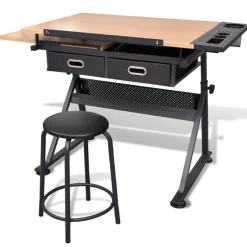 vidaXL Zeichentisch mit neigbarer Tischplatte 2 Schubladen und Hocker