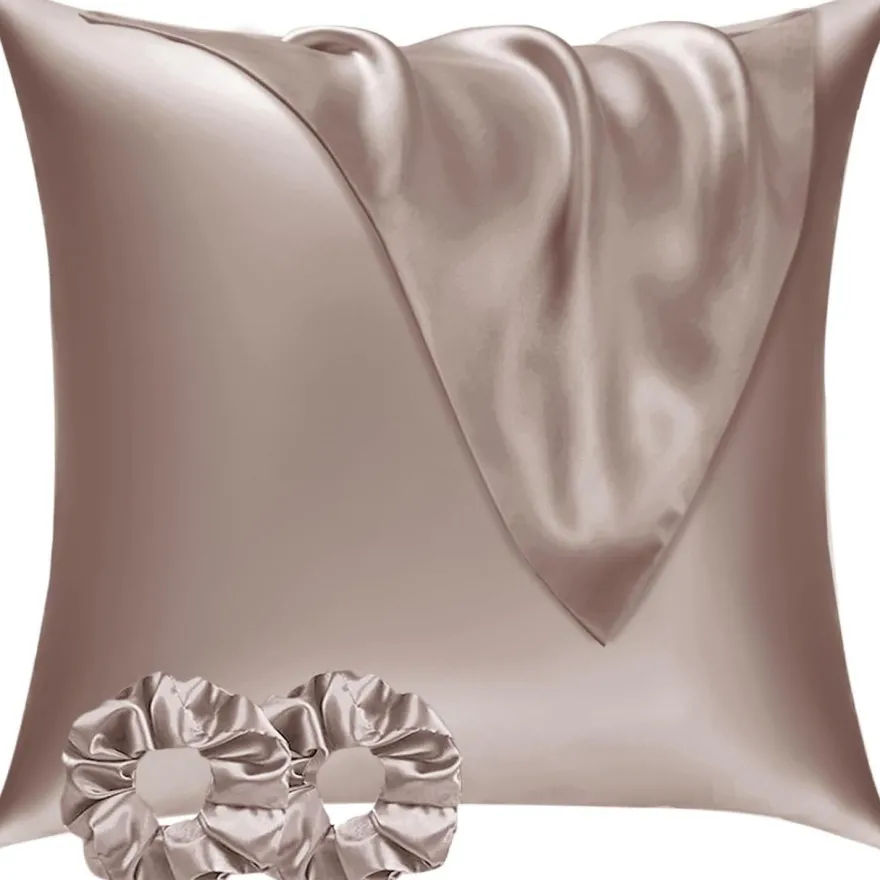 Vielit Satin Kissenbezug 65x65 2er Set mit 2 Haargummis, Braun & Rosa Taupe