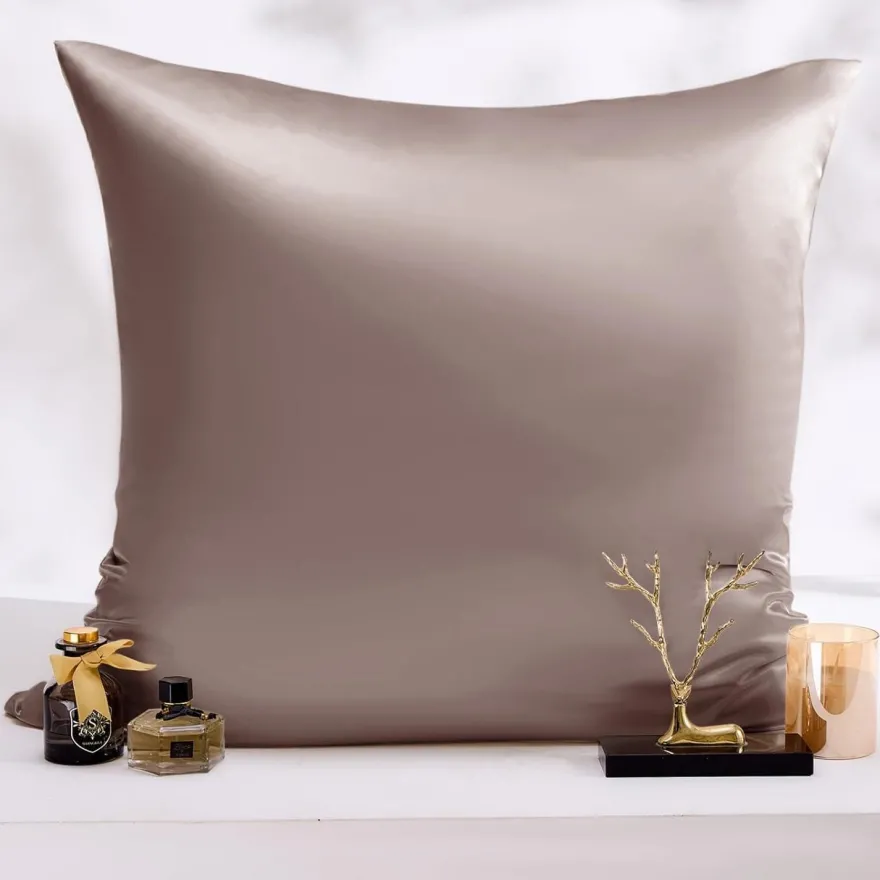 Vielit Satin Kissenbezug 65x65 2er Set mit 2 Haargummis, Braun & Rosa Taupe