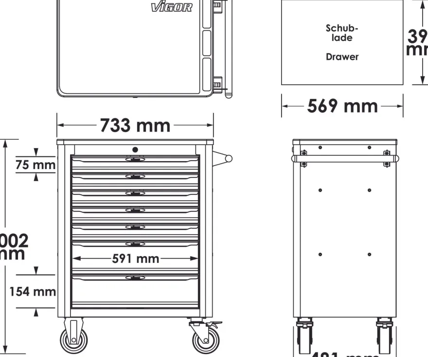 VIGOR Werkstattwagen Series L leer V1901-X L x B x H: 723 mm x 459 mm x 1002 mm