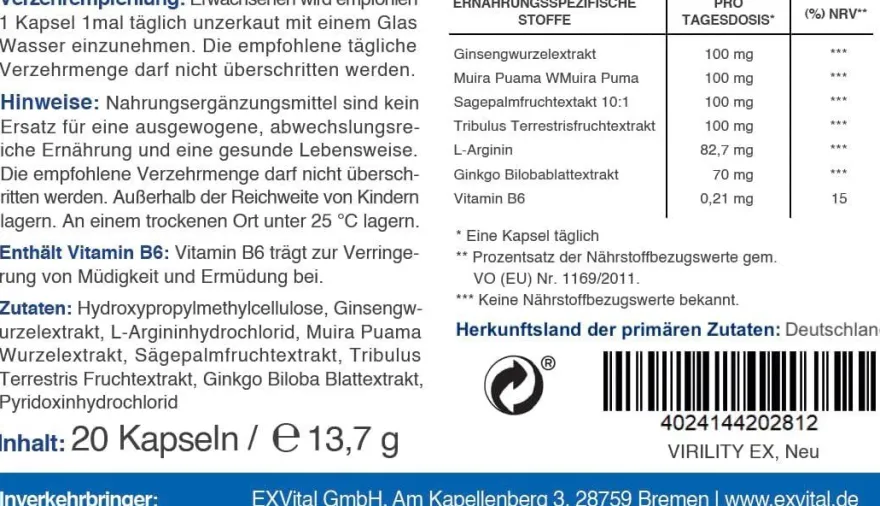Virility EX © - 600mg aktiv Formel - für den Mann
