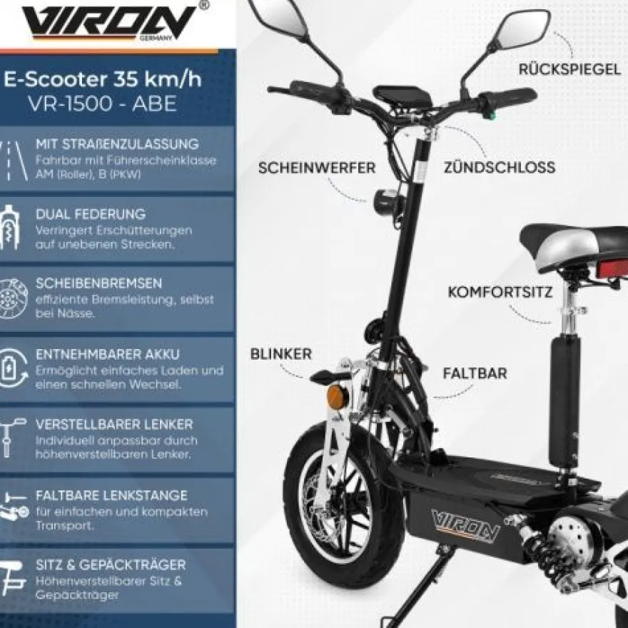 Viron Elektroscooter mit Straßenzulassung VR-1500-EEC - Elektroroller 1000 Watt, E-Sc
