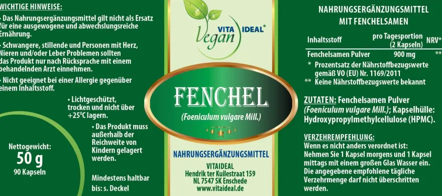 VITA IDEAL Vegan® Fenchel Kapseln - Foeniculum vulgare - Fenchelsamen - grün