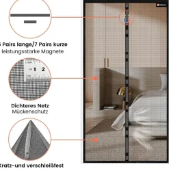 VitHom Flammhemmendes Magnet-Fliegengitter für Balkontüren, 80x200cm, Schwarz