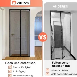 VitHom Flammhemmendes Magnet-Fliegengitter für Balkontüren, 80x200cm, Schwarz