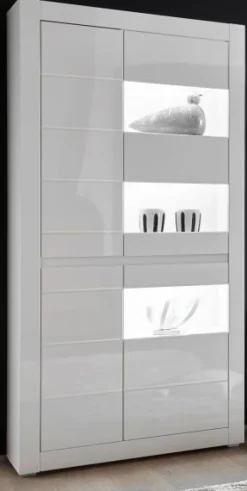 Vitrine weiß Hochglanz / Stone grau Vitrinenschrank Wohnzimmer Esszimmer Nobile