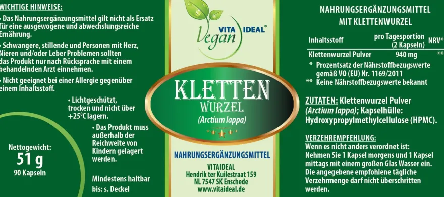 VlTA IDEAL Vegan® Kletten Wurzel Kapseln - Burdock - Bardanae Radix - Klettenwurzel