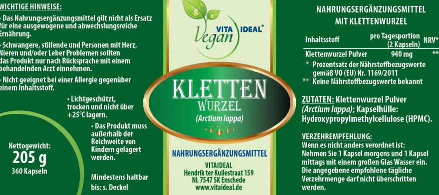 VlTA IDEAL Vegan® Kletten Wurzel Kapseln - Burdock - Bardanae Radix - Klettenwurzel