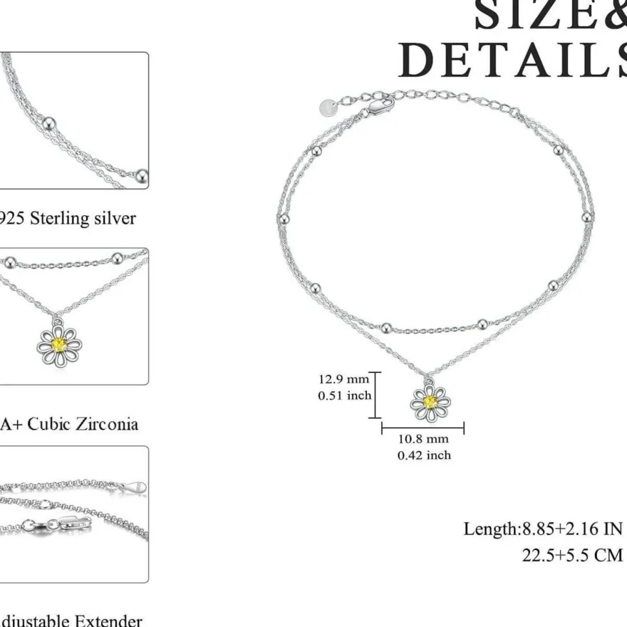 VONALA 925 Sterling Silber Fußkettchen mit Gänseblümchen, Böses Auge