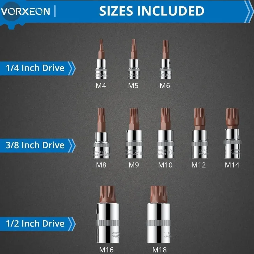 Vorxeon XZN Innenvielzahn Bit-Steckschlüsselsatz M4-M18, 10-teilig, 3