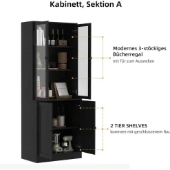 VOWNER 5-stöckiges Bücherregal mit Glastüren, 180 cm Vitrinenschrank