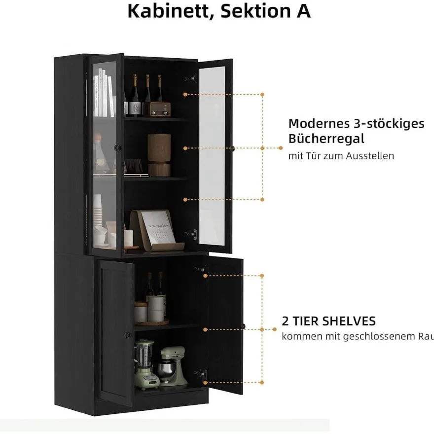 VOWNER 5-stöckiges Bücherregal mit Glastüren, 180 cm Vitrinenschrank