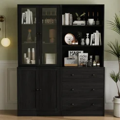 VOWNER 5-stöckiges Bücherregal mit Glastüren, 180 cm Vitrinenschrank