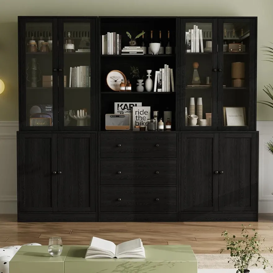 VOWNER 5-stöckiges Bücherregal mit Glastüren, 180 cm Vitrinenschrank