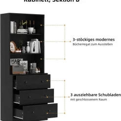 VOWNER 5-stöckiges Bücherregal mit Glastüren, 180 cm Vitrinenschrank