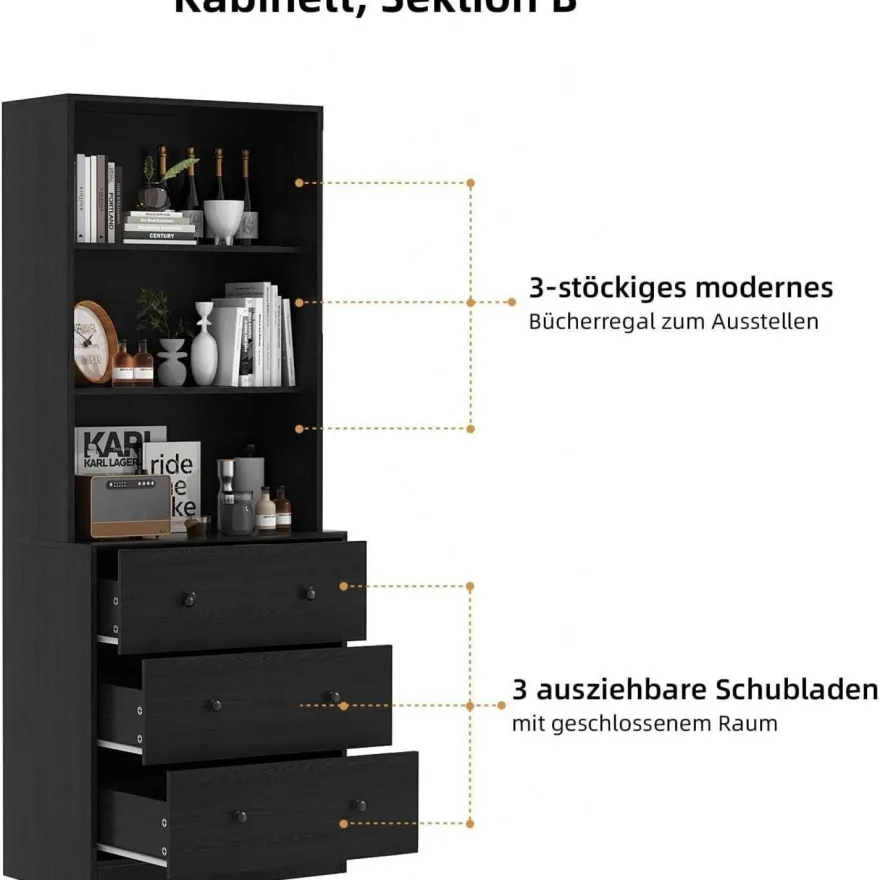 VOWNER 5-stöckiges Bücherregal mit Glastüren, 180 cm Vitrinenschrank