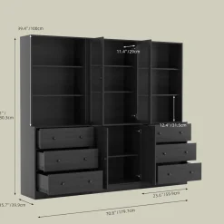 VOWNER 5-stöckiges Bücherregal mit Glastüren, 180 cm Vitrinenschrank