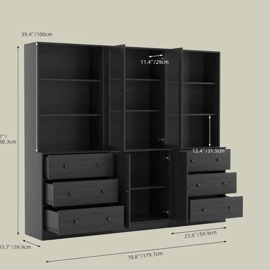 VOWNER 5-stöckiges Bücherregal mit Glastüren, 180 cm Vitrinenschrank