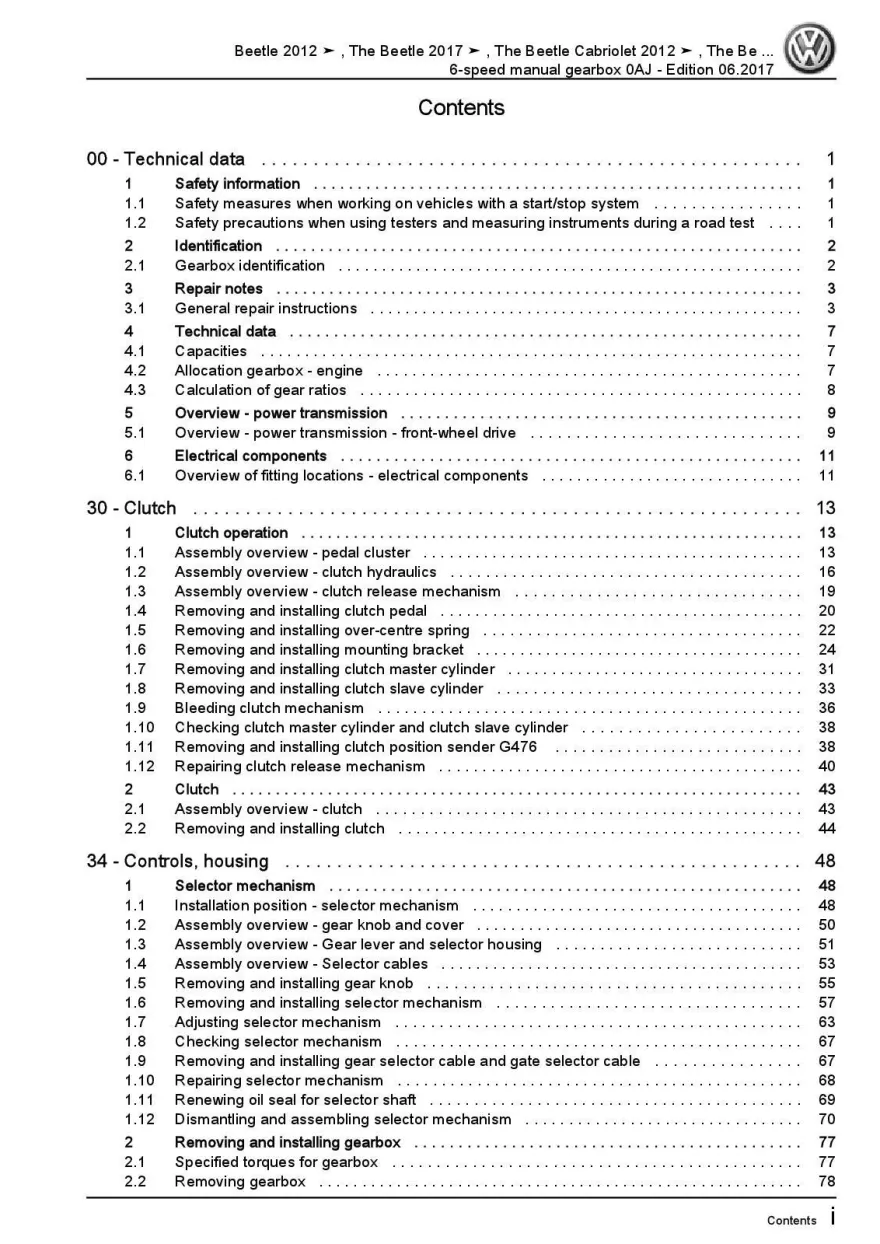 VW Beetle type NBL 2016-2019 6 speed manual gearbox 0AJ repair manual pdf