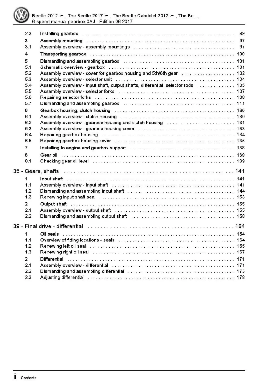 VW Beetle type NBL 2016-2019 6 speed manual gearbox 0AJ repair manual pdf