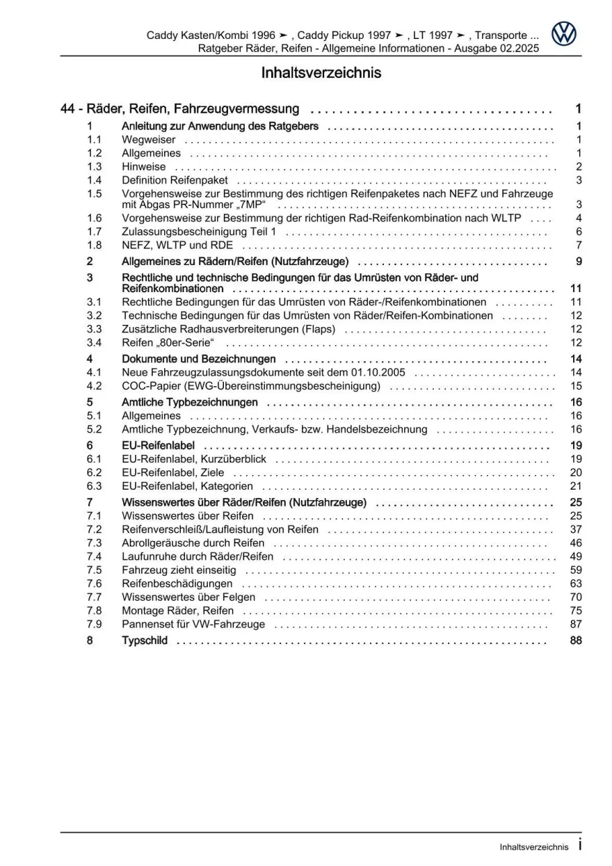 VW Caddy Typ 2K 2003-2010 Räder Reifen Allgemeine Infos Reparaturanleitung eBook