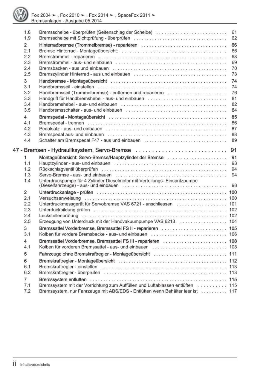 VW Fox Typ 5Z 2005-2011 Bremsanlagen Bremsen System Reparaturanleitung eBook