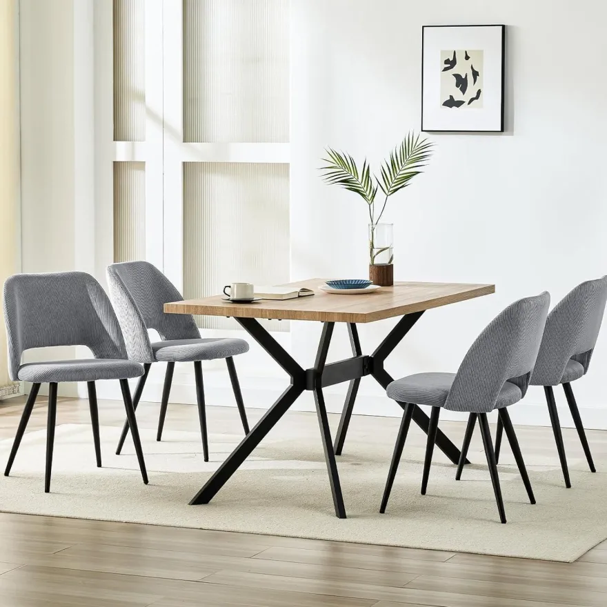 Wafting Esszimmerstühle 8er Set, Kordsamt Polsterstühle mit Metallbeinen, Grau