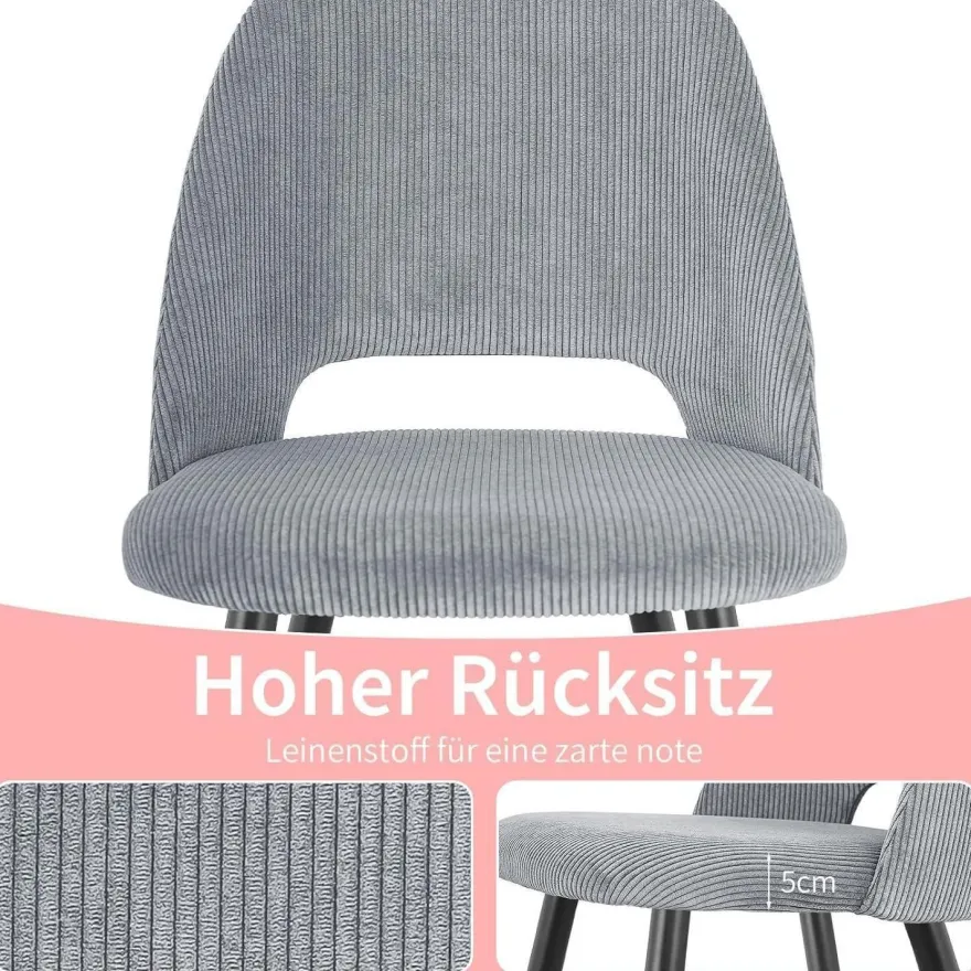 Wafting Esszimmerstühle 8er Set, Kordsamt Polsterstühle mit Metallbeinen, Grau