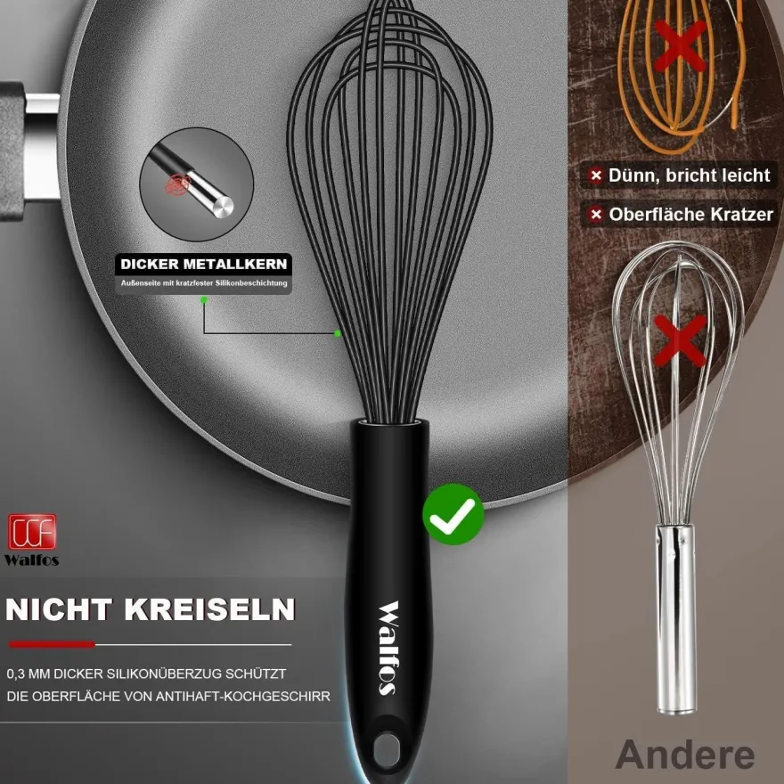 Walfos 26.6cm Silikon Schneebesen Schwarz Edelstahl Rührbesen Ballonschneebesen