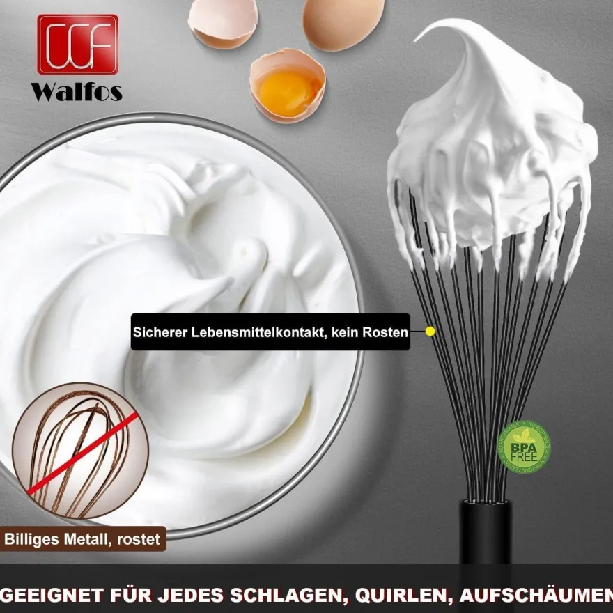 Walfos 26.6cm Silikon Schneebesen Schwarz Edelstahl Rührbesen Ballonschneebesen
