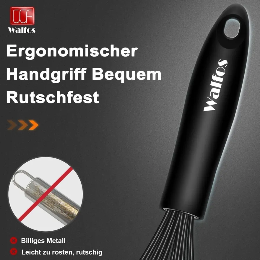 Walfos 26.6cm Silikon Schneebesen Schwarz Edelstahl Rührbesen Ballonschneebesen