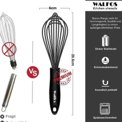 Walfos 26.6cm Silikon Schneebesen Schwarz Edelstahl Rührbesen Ballonschneebesen