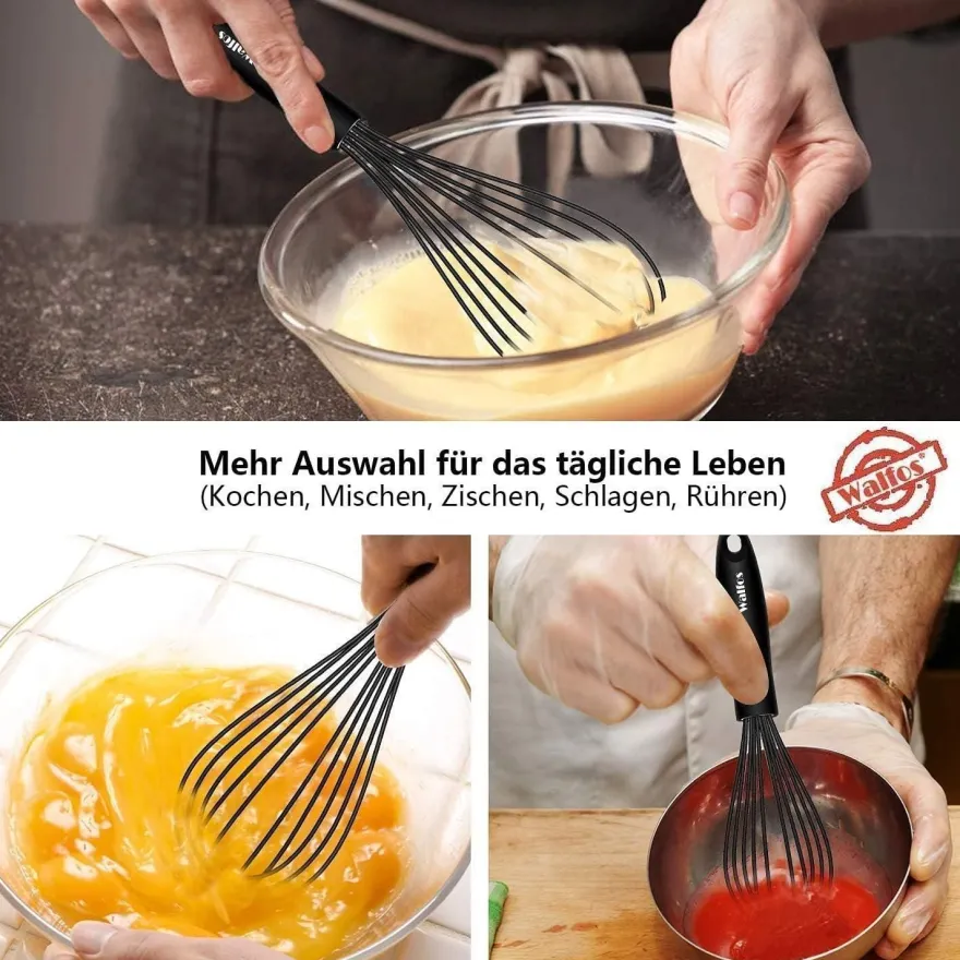 Walfos 26.6cm Silikon Schneebesen Schwarz Edelstahl Rührbesen Ballonschneebesen