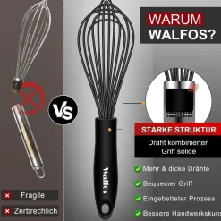 Walfos 26.6cm Silikon Schneebesen Schwarz Edelstahl Rührbesen Ballonschneebesen