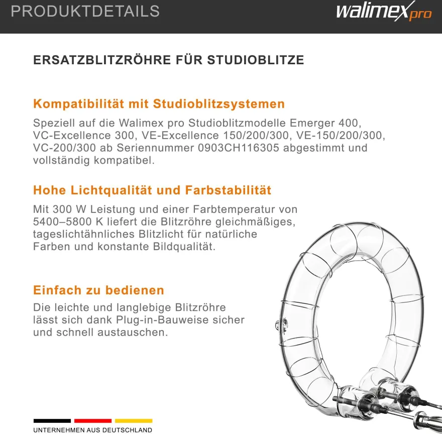 Walimex Ersatzblitzröhre VC-200/300 Typ 2 300W 5400-5800K Ersatz Blitz Studio
