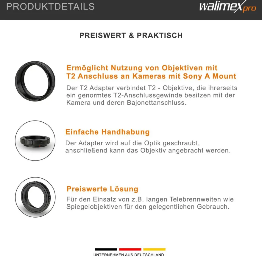 Walimex pro T2 Adapter auf Sony A 60x60x15mm Adapterring Anschlussring Foto